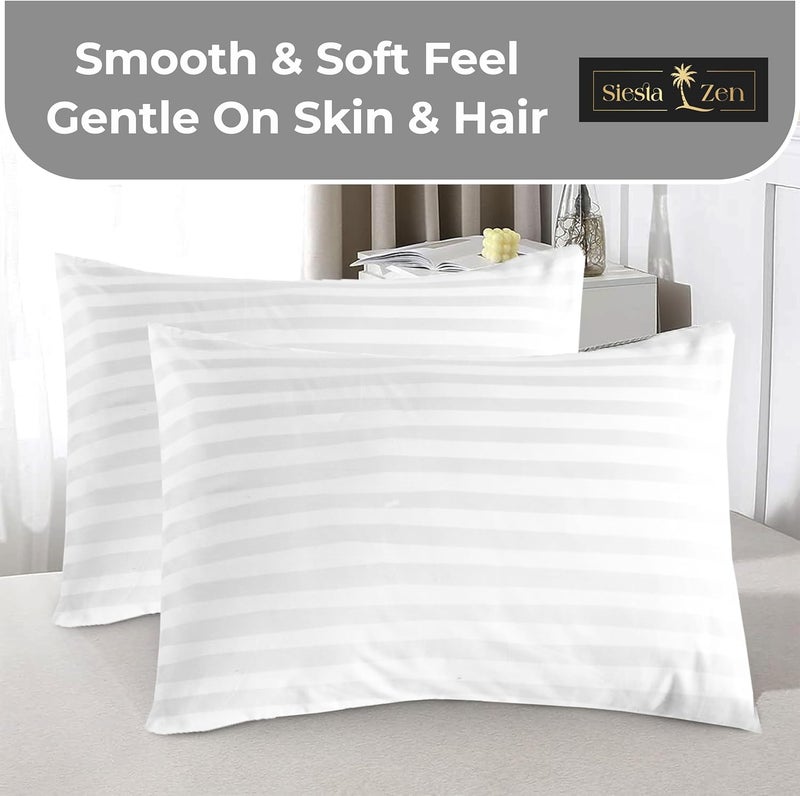 القيلولة زين طقم غطاء وسادة سيستا زين من القطن بنسبة 100%، بجودة فندقية فاخرة، مصنوع من الساتان - مخطط من الساتان بعرض 2 سم، فائق النعومة، يسمح بمرور الهواء ومضاد للحساسية (أبيض، زوج غطاء وسادة H.W) - Image 4